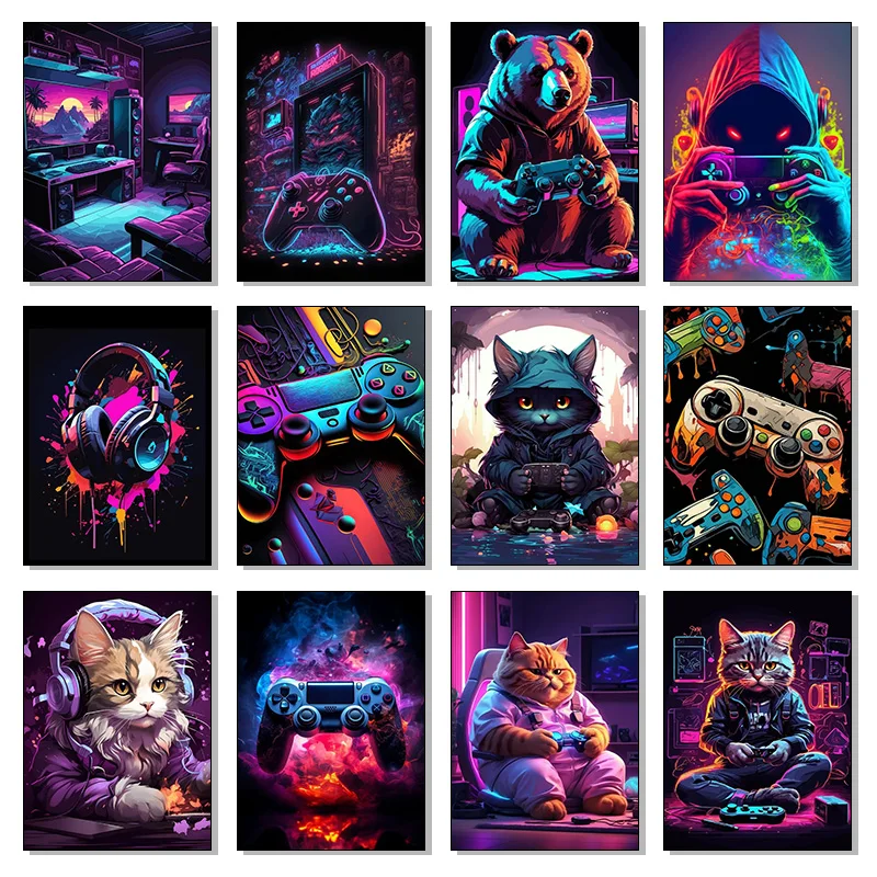 Gaming Console And Controller - Buntes Neon-Spielekonsole-Katzenkopf-Poster, Leinwandbild, Graffiti, Gaming-Controller, Wandkunst,
