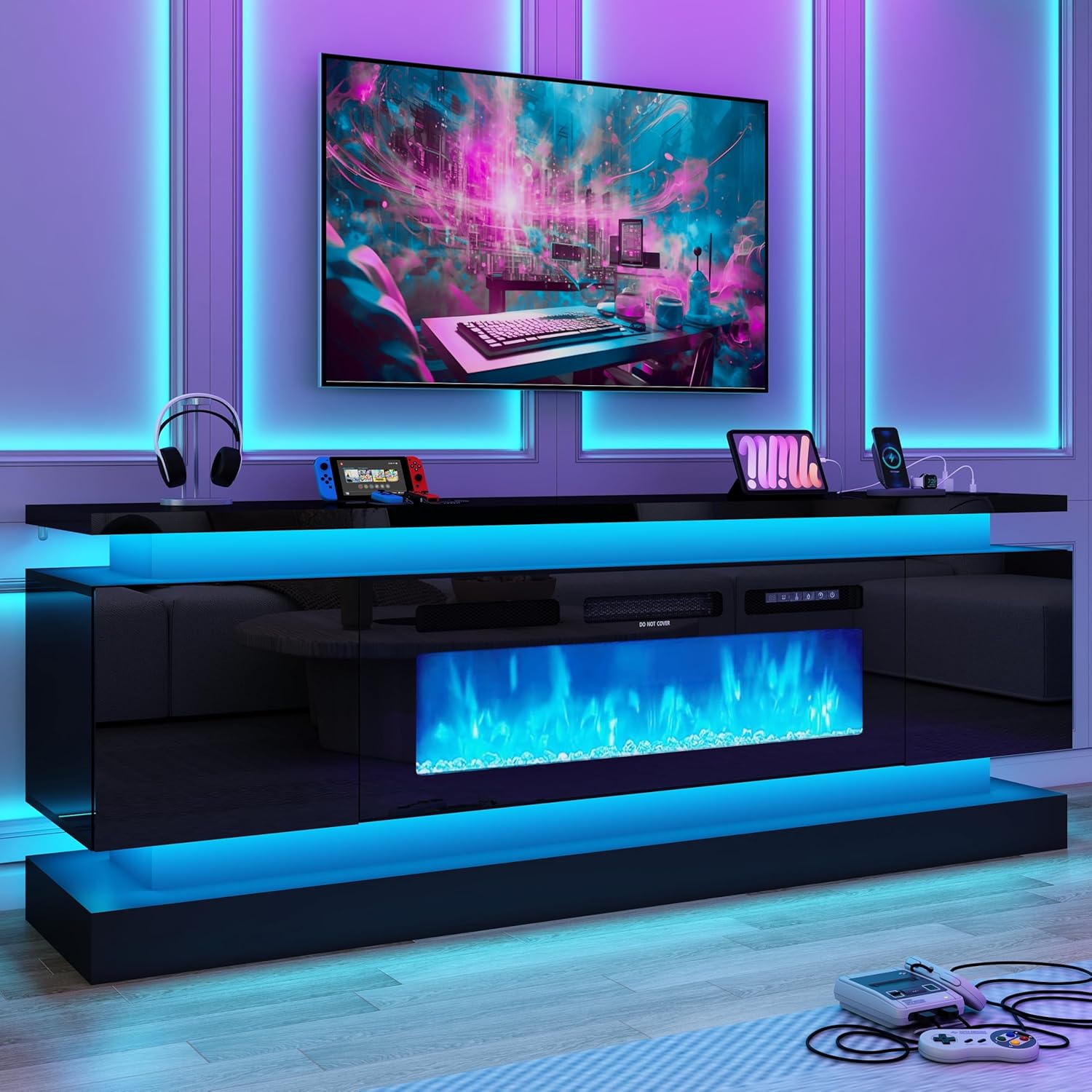 Gaming Console Tv Stand - 71-Zoll-LED-TV-Ständer mit 40-Zoll-Kamin und Steckdose für
